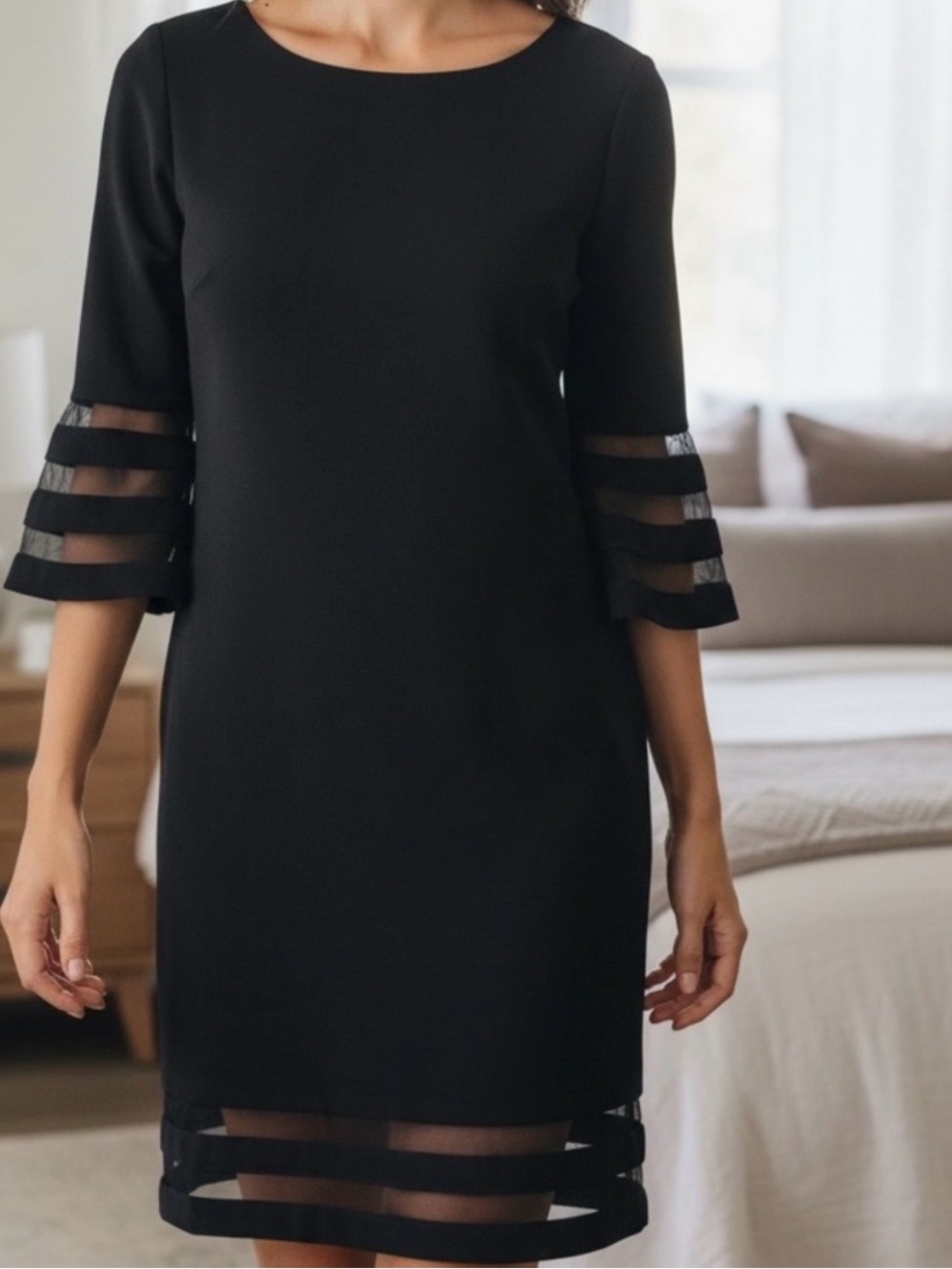 Calvin Klein Black Bell Sleeve Dress with Mesh Detail Size 6